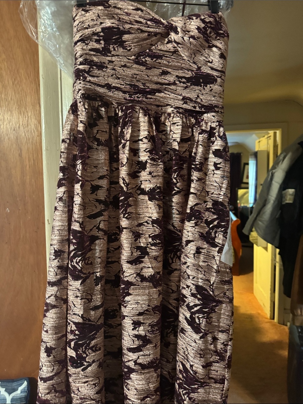 Dress the Population Strapless Gold and Plum Jacquard Fit-and-Flare Dress